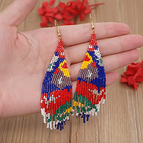 Flower Black Beaded Long Tassel Western Native American Earrings For Women Dangling - color: blue