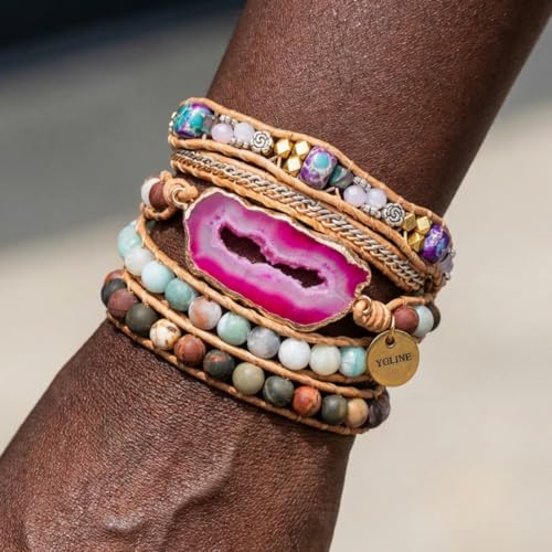 YGLINE Natural Stone Beaded Healing Wax String 5 Wraps Bracelets - color: agate 2