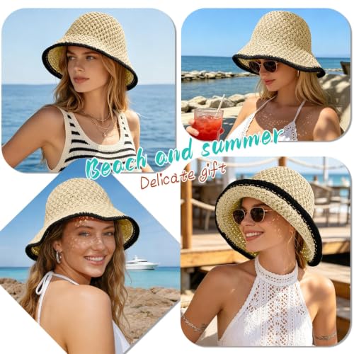 Sun Hat for Women Beach Hat Straw Bucket Hat Summer UV Protection, Packable Breathable Crochet Style - color: 1pack-beige-black-brim