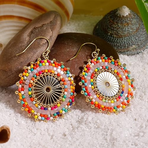 Colorful Bead Earrings For Women Summer Beach Handmade Bead Earrings Bohemia Hoop Dangle Earring For women - color: Colorful