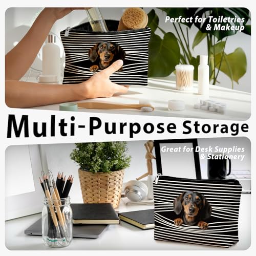 Funny Dachshund Makeup Bag, Dachshund Lovers Gifts for Women Cosmetic Bag, Weiner Dog Gifts for Women, Funny Weiner Dog Striped Small Toiletry Bags Zipper Makeup Pouch - color: 03-funny Peeping Dachshund