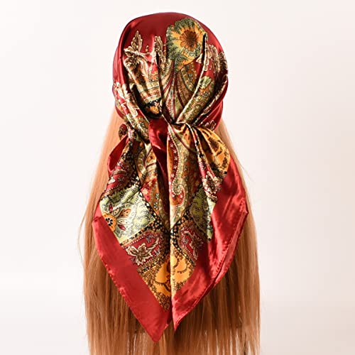35 x 35 Women's Fashion Pattern Large Square Silk Like Hair Scarf Head Sleeping Wrap Satin Neck Bandana for Gift… - color: Big Cashew Red
