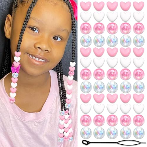 60PCS Pink Hair Beads Cute Heart Braids Beads AB Color Round Bead for Hair Dreadlock Jewelry Pony Bead Valentine's Day Loc Accessories for Kids Girls - color: Pink&White