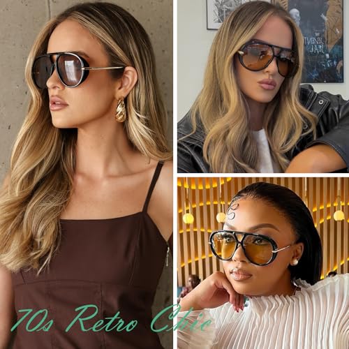 GRFISIA Retro Oversized Aviator Sunglasses for Women Men Metal 70s Aviators 2026 Fashion Shades for Beach Vacation UV400 - color: (1pcs) Black/Brown