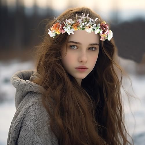 Vivivalue Fairy Flower Crown Woodland Headband Elf Floral Headpiece for Women Forest Even Circlet Halloween Renaissance Wedding Bridal Cosplay Prom Photo Props Beige - color: 7