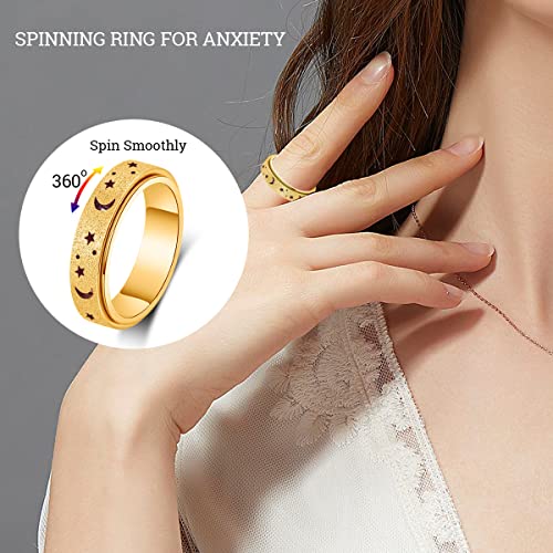 Anxiety Ring for Women Spinner Rings:Rotating Rings Stainless Steel 6mm Moon Star Anxiety for Men Band Jewelry Gift for Women Size 6 7 8 9 10 - color: B-Gold
