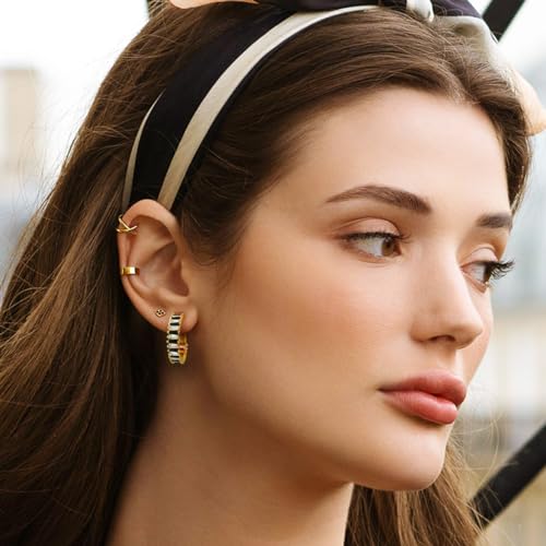 Trendy 14K Gold Plated Hoop Earrings for Women, Chunky Gold/Silver Earrings for Women Cubic Zirconia Baguette Hoop Earrings Heart Hoops Lightweight Hypoallergenic Jewelry,25mm/35mm/40mm/50mm - color: 01 Gold White and Black Hoops 25mm