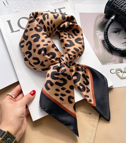 Sumolux Head Hair Scarf for Women Like Satin Silk Scarf Bandana Hair Wrapping Night Large Square Scarves 27.5" - color: Brown Leopard Print