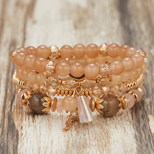 FUTIMELY Bohemian Crystal Beaded Bracelets Set for Women,Dainty Handmade Multilayer Colorful Charm Bracelet Beaded Stackable Stretch Bracelet Jewelry - color: Brown