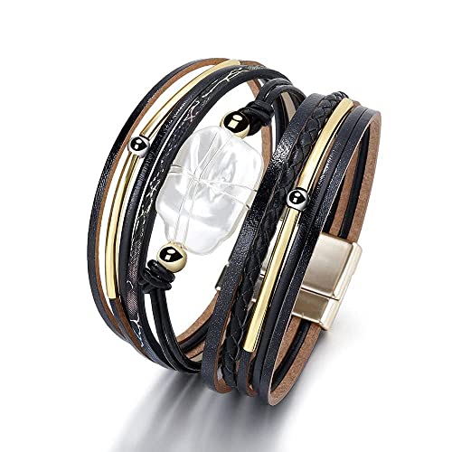 Fesciory Leather Wrap Bracelets for Women, Boho Leopard Multi-Layer Crystal Beads Cuff Bracelet Jewelry - color: Black Leather(Pearl)