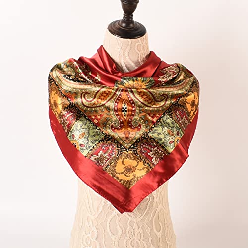 35 x 35 Women's Fashion Pattern Large Square Silk Like Hair Scarf Head Sleeping Wrap Satin Neck Bandana for Gift… - color: Big Cashew Red