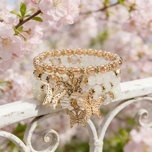 Bohemian Bracelet Sets for Women - 4-Pack Stackable Stretch Bead Bracelets with Black＆White Crystal & Gold Accessories, Multi-Layer Boho Jewelry - color: white butterfly