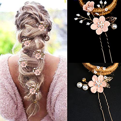 6 Pieces Bridal Flower Wedding Hair Pins Crystal Pearl Hair Pins Clips Headpiece Gold Wedding Hair Accessories Jewelry with Rhinestone for Brides Bridesmaids Women Girls Updo (Cherry Blossoms Pink) - color: Cherry Blossoms Pink