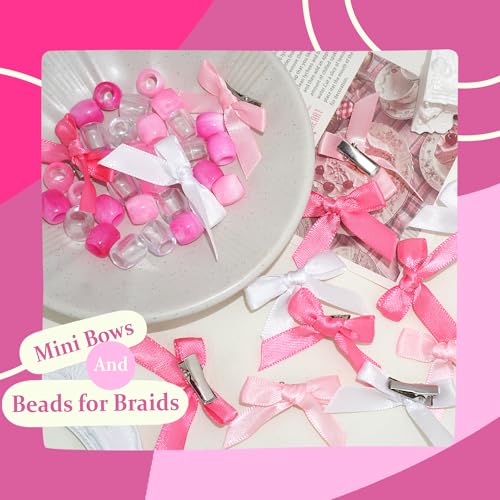 Hair Beads for Braids Hot Pink Loc Dreadlock Beads and Satin Bow Hair Clips Cute Hair Accessories for Kids Girls - color: Hot Pink