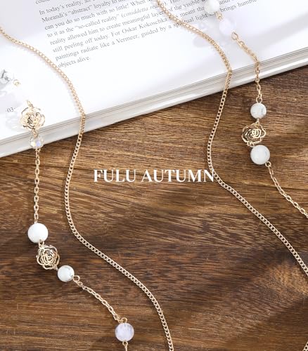 FULU AUTUMN Boho Gold Long Necklaces for Women Natural Stone Beaded Layered Long Necklace Mothers Day Gifts Dainty Flower Costume Jewelry for Women - color: Porcelain White