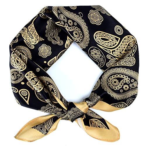 Stlvoll 100% Silk Head Scarf for Women - 27" Hair Scarves Satin Bandanas Square for Night Sleeping with Gift Packed - color: Yellow/Black/Cashew Nuts