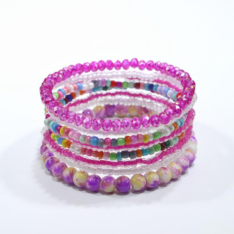Pingyongchang Boho Colorful Beads Stackable Bracelets Set for Women Handmade Multicolor Seed Crystal Layered Stretch Bracelets Retro Country Holiday Beach Trendy Jewelry Gifts - color: Pink