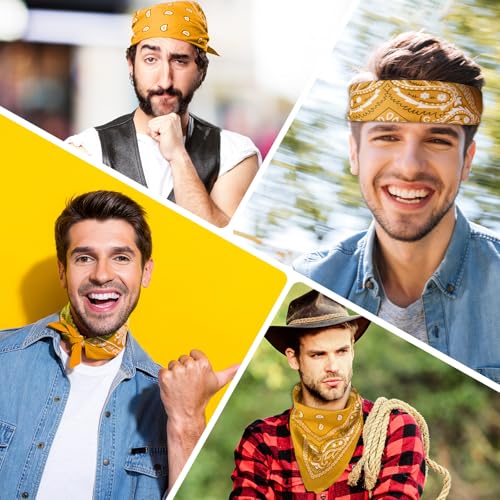 PLULON Bandanas for Men Women 4/12/24/30 Pack, Paisley Pattern Bandana Bulk Headbands Handkerchief Face Mask 100% Polyester - color: Golden Yellow