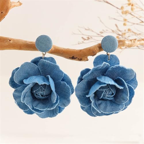 coadipress Boho Denim Camellia Flower Dangle Earrings for Women Exaggerated Big Layered Tiered Blossom Floral Drop Long Earring Chic Statement Earrings Wedding Bridal Jewelry Gifts - style: Flower Light Blue