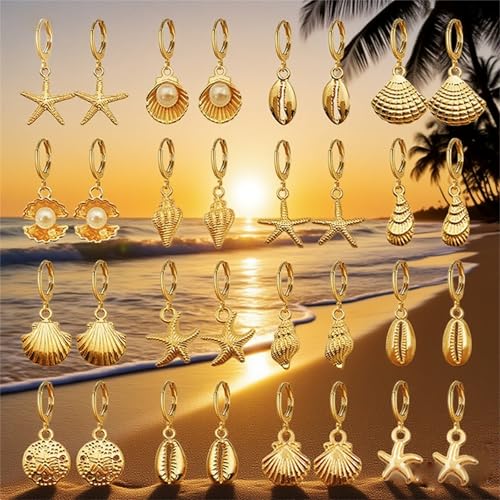 16 Pairs Seashell Conch Earrings Set for Women Dainty 14K Summer Beach Jewelry Starfish/Pearl/Clam/Conch Hoop Earrings Bohemian Summer Beach Holiday Fashion Jewelry Gifts