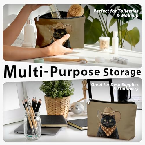 Funny Black Cat Makeup Bag, Cat Mom Lady Lovers Gifts for Women Cosmetic Bag, Pet Lover Gifts, Funny Western Cowboy Black Kitten Small Toiletry Bags Zipper Makeup Pouch - color: 02-Cat(10)
