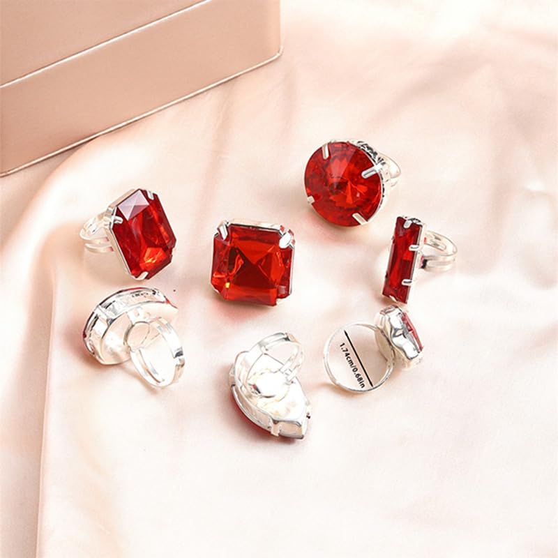 Statement Big Bling Rhinestone Costume Rings Stack Chunky Unique Silver Crystal CZ Large Knuckle Cocktail Ring Pack Cool Prom Jewelry Set for Women Trendy - style: Red