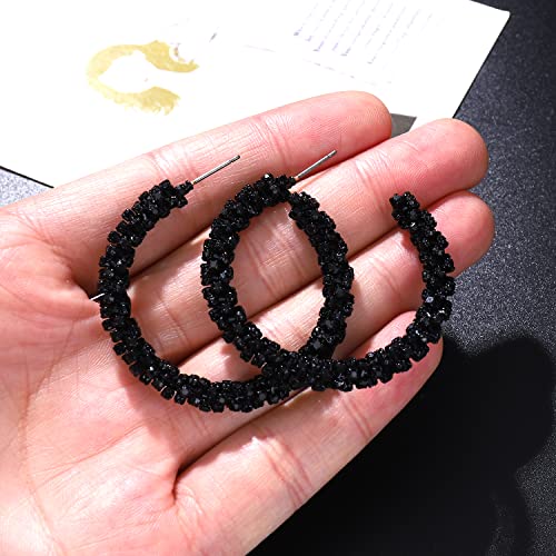 Rhinestone Hoop Earring for Women Sparkly Crystal Wrapped Hoop Dangle Earrings Statement Boho Gold Black Plated CZ Hoop Earring - color: A:Cool Black