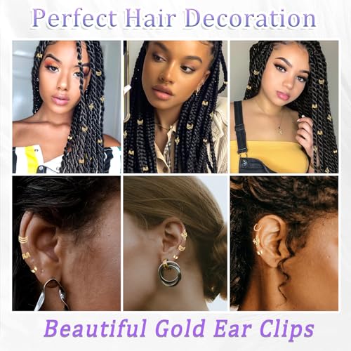 40PCS Gold Hair Jewelry for Braids Multi Style Hair Cuffs Adjustable Braid Jewelry Non-Piercing Ear Clips Loc Dreadlock Accessories for Women and Girls - color: Gold