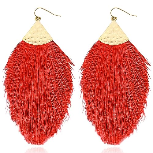 Earrings for Women Colorful Layered Leaf Earrings Bohemian Dangle Drop Tassel Silver Earrings Women Gifts - style: Red