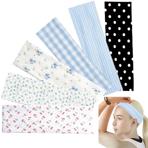 6 Pcs Anti-Slip Elastic Headbands for Women Soft Fabric Yoga Sweatbands with Floral Heart Print Stretchy, Sweat-Absorbent and Lightweight for Fitness, Running and Daily Wear - color: Headbands Color-multicolored