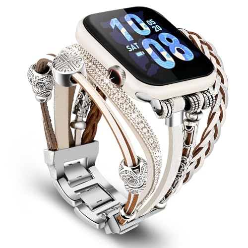 Compatible with Apple Watch Band 40mm for Women, Boho Bracelet for Apple Watch 41mm 38mm, Multilayer Leather Wrap Braided Strap for iWatch Series 11/10(42mm)/9/8/7/6/5/4/3/2/1/SE White Silver - color: A-Silver White, size: 42(series 11/10)/41/40/38mm