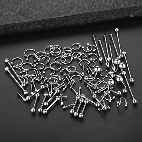 100PCS Piercing Kit Jewelry 14G 16G 20G Nose Rings Lip Studs Tongue Rings Stainless Steel Cartilage Earrings Tragus Eyebrow Industrial Barbell Belly Rings Body Piercing Kit Jewelry - color: silver