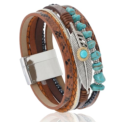 Turquoise Bracelet for Women, Boho Multilayer Leather Bracelet with Feather and Magnetic Clasp, Western Turquoise Jewelry - color: Brown