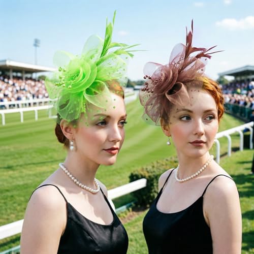 DRESHOW Fascinators Hat Flower Mesh Ribbons Feathers on a Headband and a Clip Tea Party Headwear for Girls and Women - color: 7" Diameter / Bright Green