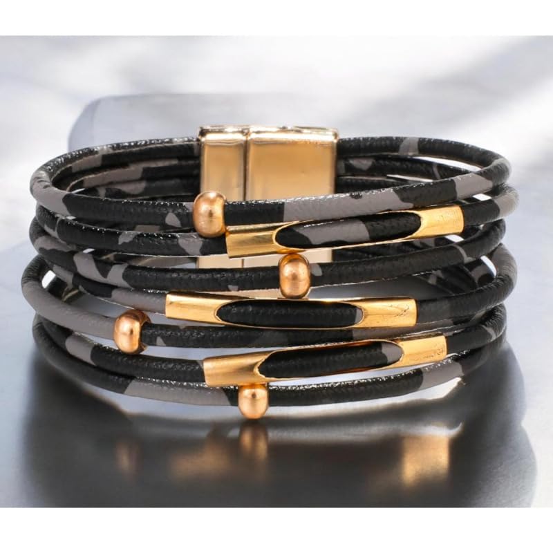 Caiyao Simple Beaded Leather Wrap Bracelets for Women Leopard Print Trendy Layered Stackable Buckle Bohemian Wrist Cuff Bangle Jewelry - color: Black