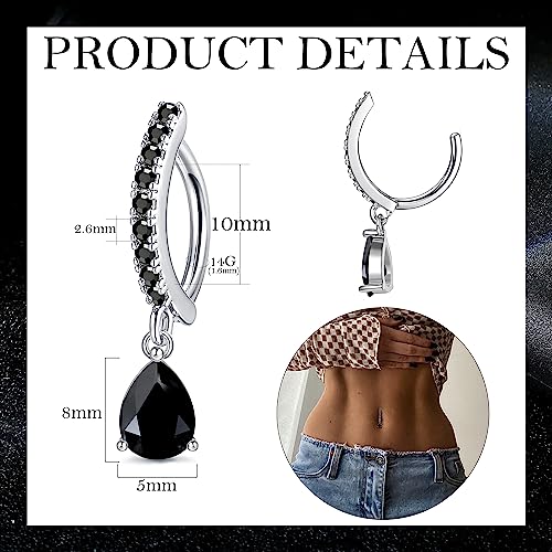 FIBO STEEL 14G Clicker Belly Rings 316L Surgical Steel Dangle Belly Button Ring CZ Teardrop Pendant Navel Rings Barbell Body Piercing Jewelry - color: Black