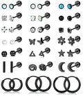 LOLIAS 21Pairs Surgical Steel Flat Back Earrings Hypoallergenic 20G Screw Back Nap Stack Cartilage Earring Stacks - color: Black-plated