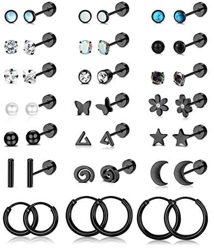 LOLIAS 21Pairs Surgical Steel Flat Back Earrings Hypoallergenic 20G Screw Back Nap Stack Cartilage Earring Stacks - color: Black-plated