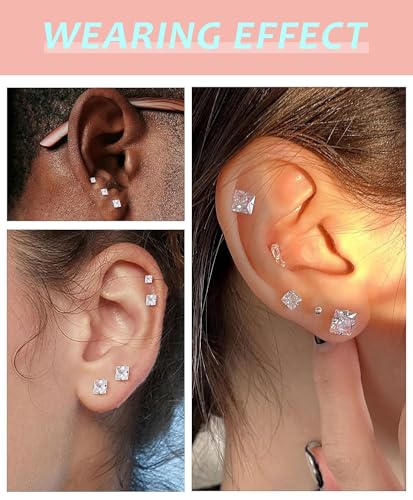 20G Hypoallergenic Surgical Steel Square Pearl Ball CZ Flat Back Stud Earrings for Sensitive Ear, Lightweight Shiny Earrings Studs for Helix Tragus Cartilage Multiple Piercing - color: Silver-C