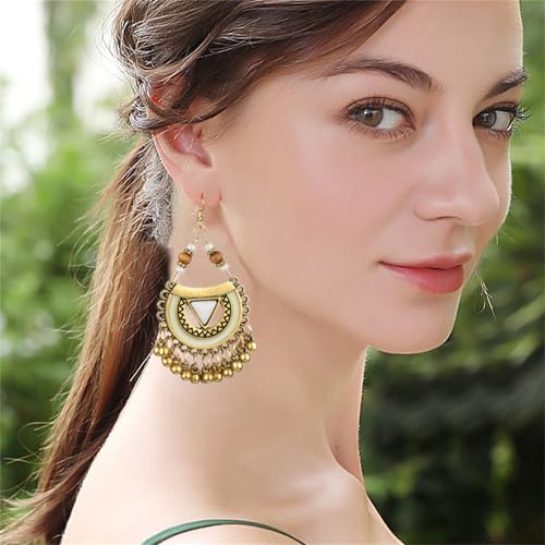 Vintage Boho Statement Drop Dangle Earrings for Women Bohemian Ethnic Handmade Beaded Charms Earring Bohemian Retro Chandelier Tassel Earrings Mexico Gypsy Jewelry Gift - color: G White Triangle