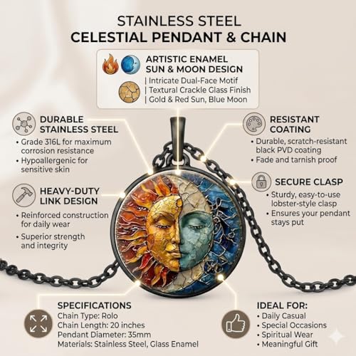 1pc Stunning Round Pendant Necklace - Unique Sun & Moon Pattern, Oil Painting Style Glass Mosaic, Alloy Construction, Trendy Sweater Chain, Fashionable Gift for Women - Christmas or Birthday Gift - color: Black Chain