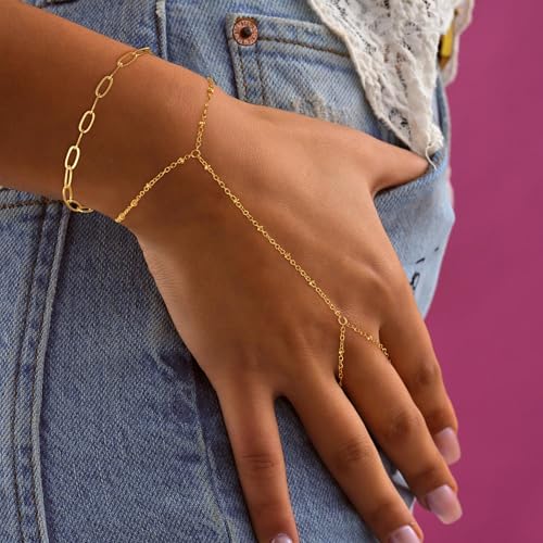 Hand Chain Bracelets for Women - 14K Real Gold Plated Dainty Stackable Paperclip Link Bracelets Hand Chain Bracelet Ring Gold Bracelets for Women Trendy - color: Parperclip Hand Chain
