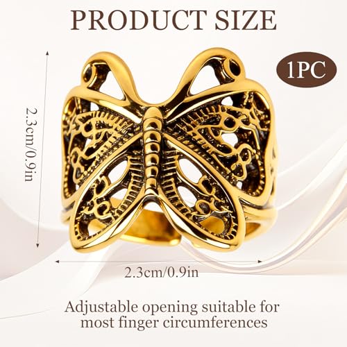 Butterfly Wrap Rings,Butterfly Ring for Women, Adjustable Open Carved Texture Butterfly Ring,Vintage Metal Insects Knuckle Finger Rings,Cute Animal Ring,Statement Jewelry Gifts for Women - color: Gold