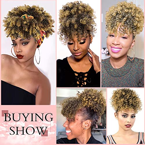 Drawstring Ponytail with Bangs Afro Puff Ponytail Extensions for Women Short Curly Puff Ponytail with Bangs Clip in Wrap Updo Hairpiece for Women (T27) - color: T27