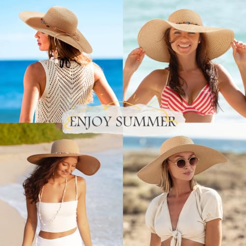 Sun Hats for Women, Straw Hats UPF 50+ Sun Protection, Wide Brim Womens Beach Hat for Summer Travel - color: Khaki - Shell