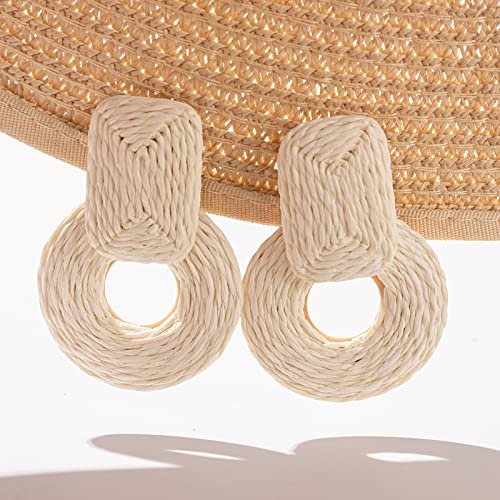 Statement Raffia Earrings Cute Boho Earrings Rattan Dangle Earrings Handmade Straw Wrap Earrings Summer Drop Dangling Earrings for Women Teen Girls - color: White