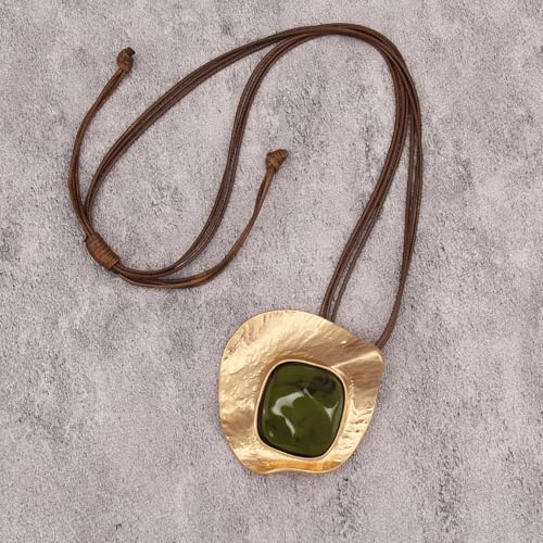 GelConnie Leather Necklace for Women Large Pendant Long Brown Necklace Circle Leather Choker Vintage Sweater Necklace Gold Chunky Boho Necklaces for Women - style: Gold Statement Pendant Necklace