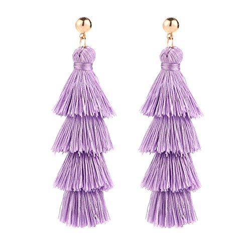BaubleStar Tassel Earrings Handmade Tiered Thread Tassel Dangle Earrings, Multi Colors - color: Lavender