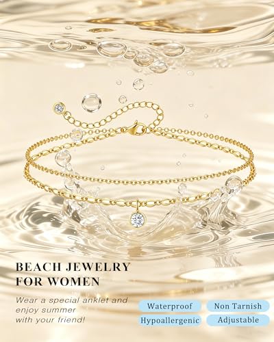 ZHESHY Ankle Bracelets for Women Gold Anklets with Birthstone 14K Gold Plated Dainty Layered Anklets Waterproof Non Tarnish Chain Anklet Bracelets Summer Beach Jewelry Birthday Gifts - color: 04.April(Diamond)