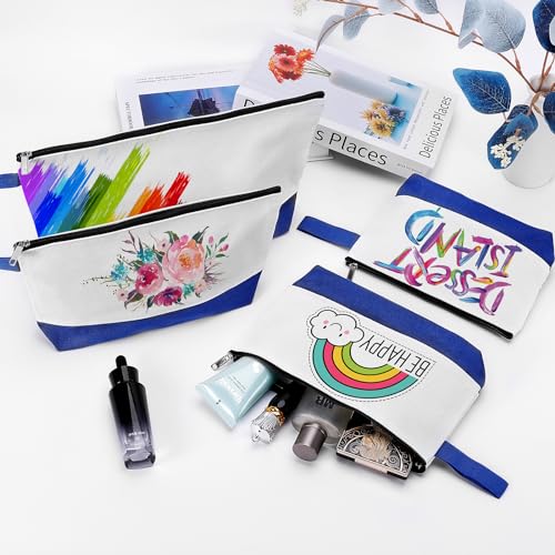 10 Pieces Cotton Canvas Makeup Bag with Bottom and Strap, Multi-Purpose Cosmetic Bag with Zipper Travel Toiletry Pouch, Blank DIY Craft Bag (White&Blue, M) - color: White&Blue, size: M